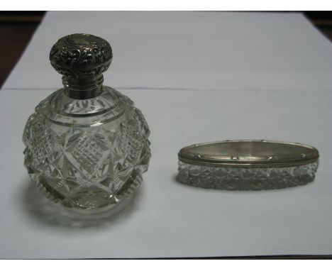 A Hallmarked Silver Topped Cut Glass Scent Bottle, with pull off cover; together with a hallmarked silver lidded glass trinke