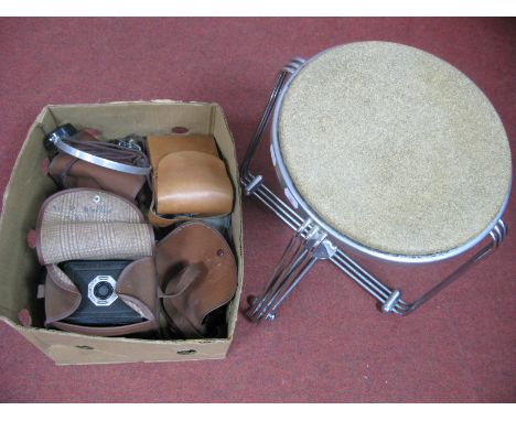 Retro Chrome Stool, with tri tubular supports and stretchers, cork circular top; Polaroid, Kodak, Kenilworth and other camera