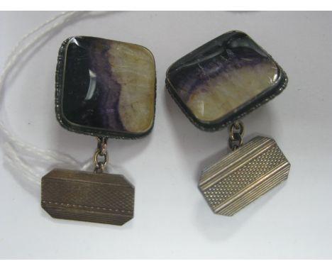 A Pair of Blue John Inset Panel Gent's Cufflinks. each square panel within textured border, on chain connections and smaller 