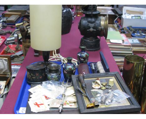 Four Silver Hallmarked Thimbles, cigarette silks, enamel pin badges, 1920's black lacquered table lamp, pair of cloisonné vas