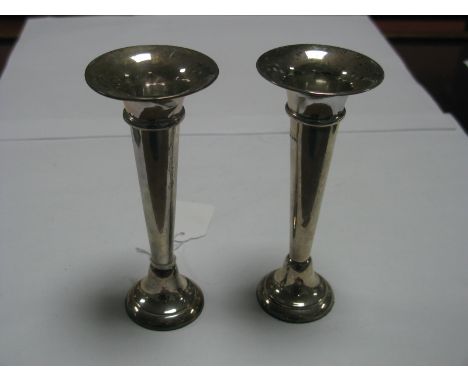 A Matched Pair of Hallmarked Silver Spill Vases, each of plain tapering cylindrical form with  flared rim (base weighted). (2