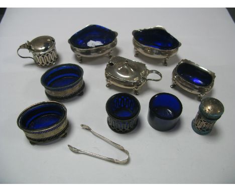 A Pair of Hallmarked Silver Salts, each with blue glass liner; together with a further pair of salts, mustard and open salt e