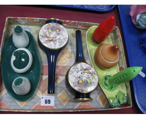 Carlton Ware Pea and Carrot Condiment Set, (damaged), another two tone. A pair of pictorial bottle vases.