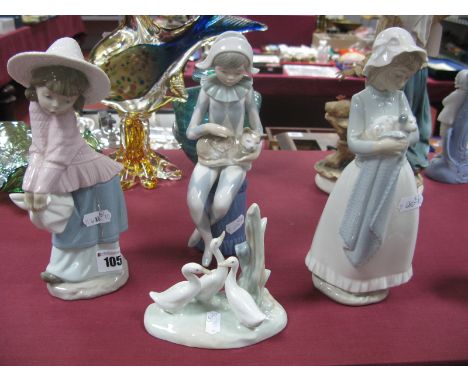 Nao Pottery Figures, two ladies, jester stroking cat, geese group. (4)