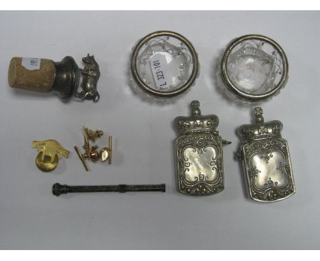 A Pair of Silver Topped Cut Glass Salts, (marks indistinct); a seal topped propelling pencil, Chester, 1825, (damaged); a cor