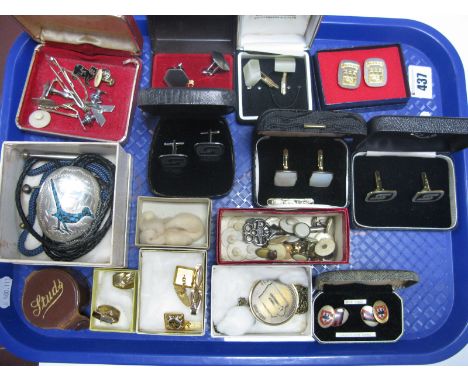 A Collection of Assorted Gent's Cufflinks, including turquoise inset panel pendant, 125th Anniversary Iowan pendant, tie slid