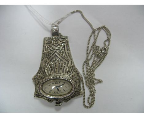An Art Deco Marcasite Set Ladies Pendant Watch, of pierced shaped design, the oval dial with Arabic numerals, stamped marks, 