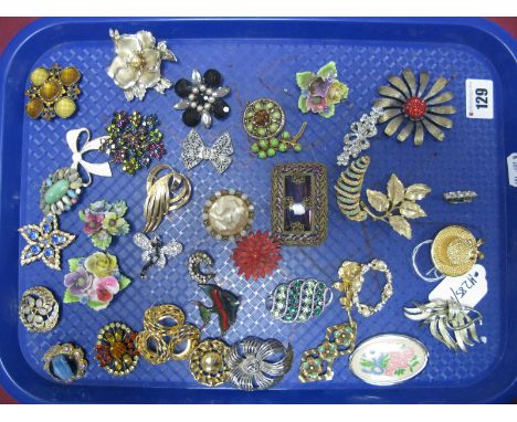 A Collection of  assorted Costume Brooches, including porcelain, enamel, etc:- One Tray