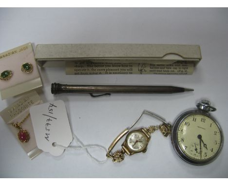 Ingersoll Openface Pocketwatch, a hallmarked silver pencil, a MuDu vintage ladies wristwatch, pendant on chain, etc.