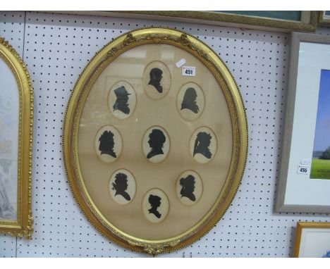 Nine Portrait Silhouettes, circa late XIX century in oval incised mounts within gilt oval frame.