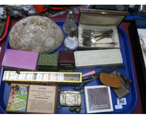 A Stratton Compact, fan, shell, Chinese medicine balls, advertising blotters, dominoes, etc:- One Tray