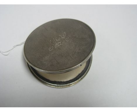 A Hallmarked Silver Ladies Powder Compact, allover engine turned and initialled, inscribed inside "1917-14 Ken-Wendy Jean-Pat