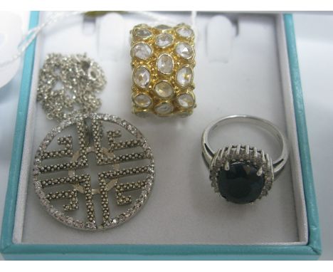 A Modern White Topaz and Gilt Dress Ring, of wide three row design, stamped "925", complete with certificate; Together with a