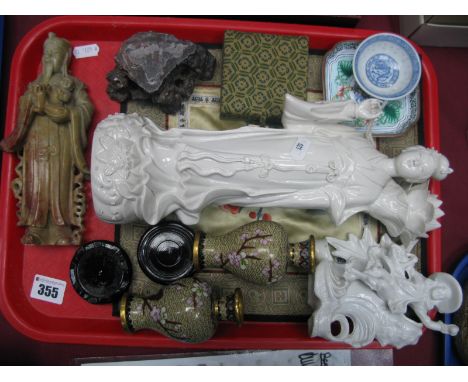 A Soapstone Immortal Figure, needlework panel, Cloisonne vases, other Oriental wares:- One Tray