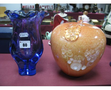 A Blue and Amethyst Mid XX Century Triform Glass Vase, 21.5cm high, mottled orange glass ornament.
