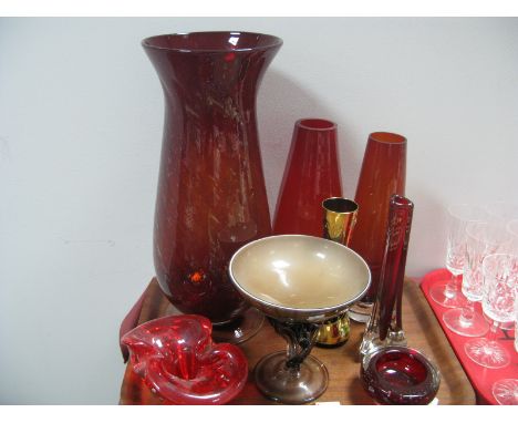 A Ruby Glass Vase, with Ground Pontil to clear circular base, 41.5cm high, other ruby glass ware, free form bowl, mottled bon