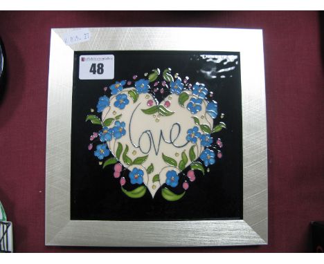 A Moorcroft Pottery Plaque in the 'Loved Up' Design by Rachel Bishop, numbered edition 74, 14.5cm square.