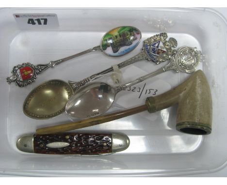 A Higgin London Pipe; together with a two blade folding pocket knife, souvenir enamel teaspoon, etc.