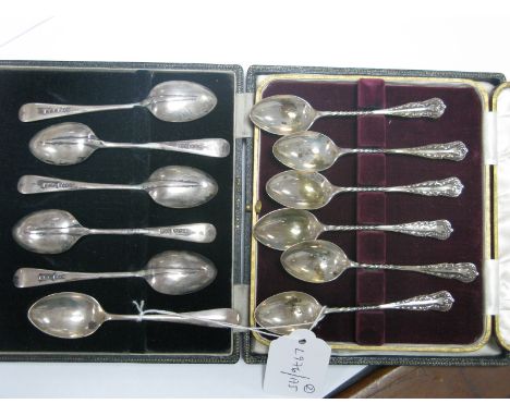 A Set of Six Hallmarked Silver Teaspoons, each with rat tail details, in original fitted case; together with another cased se