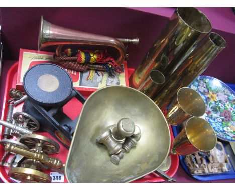 Brass Shell Cases, goblets, Salter scales and weights, copper bugle, etc:- One Tray