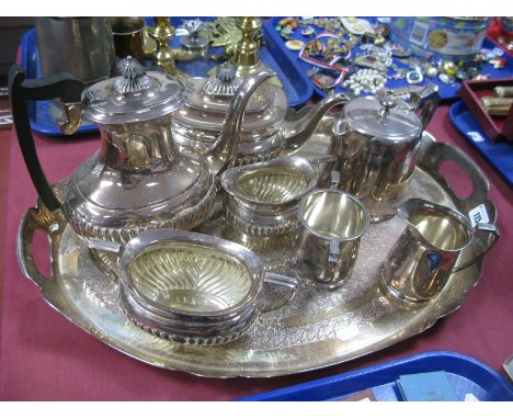 A Large Oval Plate on Copper Tray, with inset handles to wavy gallery, four piece tea service with gadrooned lower body, H.B 