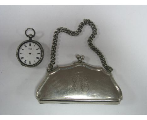 A XIX Century Silver Cased Pocket Watch, (damage); together with a ladies (E.P.N.S) evening bag. (2)
