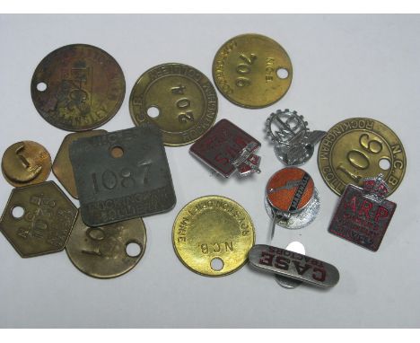 Nine Miner's Pay Checks, including Rockingham, Royston Drift, Cortonwood, Barnsley Main and North Gawber with enamel and othe