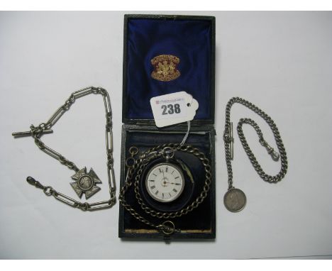 A Ladies Fob Watch, the white dial with black Roman numerals, within all over engraved case, stamped "0.935"; together with t