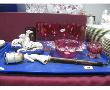 Six XIX Century Glass Wines, having Cranberry Bowls, frill dish and salt, ruby glass mug, pipe greyhound figures:- One Tray