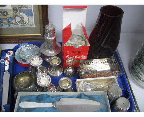Cavalier Plate Three Piece Condiment Set, with star and bark design, other plated ware, dimpled ruby glass vase etc: One Tray