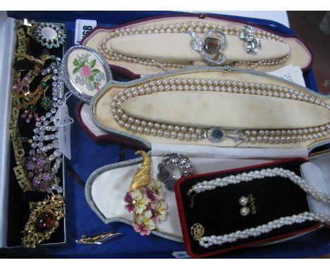 A Selection of Costume Jewellery including Lotus Faux Pearls (boxed), a czech filigree enamel costume brooch, various stone s