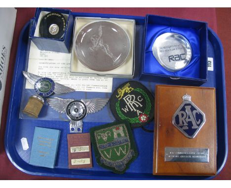 A Rolls Royce Ltd Motor Club Bumper Car Mascot, another for Derby and District motor clubs, VW blazer badge, London Midland a