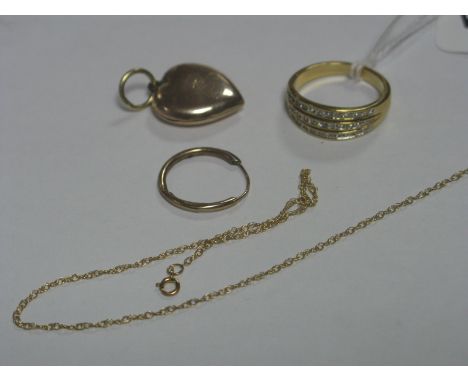 A 9ct Gold Locket, chain, earring, three row ring.