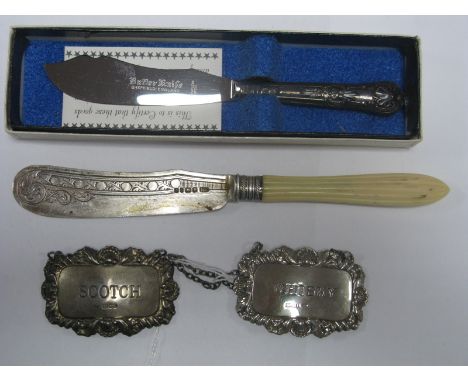Two Hallmarked Silver Decanter Labels, "Scotch", "Whisky"; together with a Victorian hallmarked silver butter knife and a mod