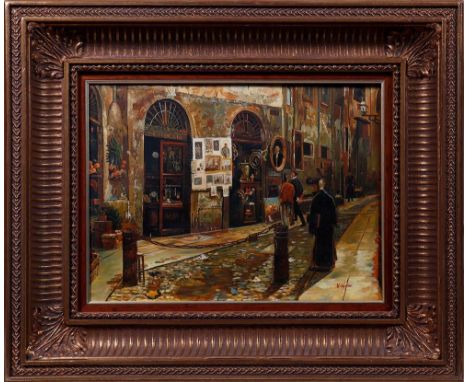 Vor dem AntikladenUnbekannter Künstler, Öl auf Leinwand, u.r. sign. "K. Becker", ca. 30x41cm, gerahmt (ca. 49x61cm)Unknown ar