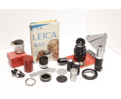 Leica Accessories, a nickel VIDOM viewfinder in makers box, an f/6 28mm Orion-15 lens, an f/2 85mm Jupiter-8 lens together wi