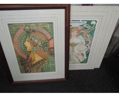 A selection of modern prints, Art Nouveau ladies etc