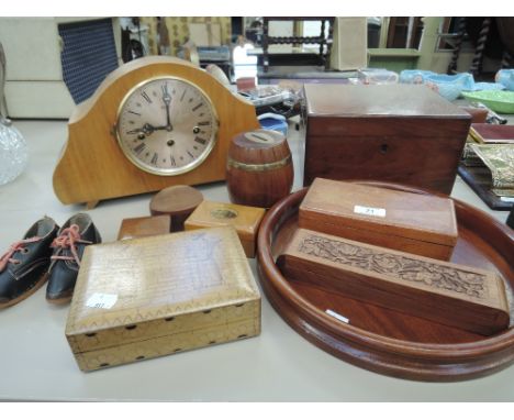A selection of treen including mauchlinware box, jewellery box and mantle clock etc