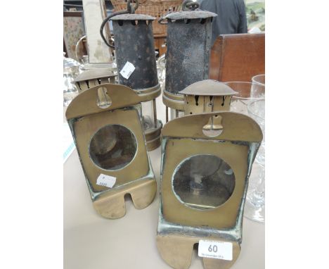 Two vintage carbide lamps and two miners lamps one marked Trimdon Coal Co. 664