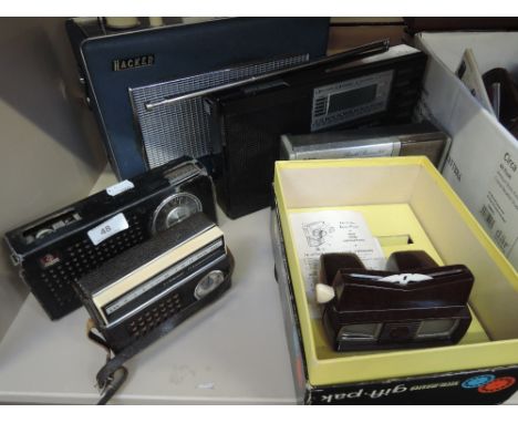 Five vintage radios including Hacker, Saisho, Hitachi, Radiola, Signal and a vintage Viewmaster