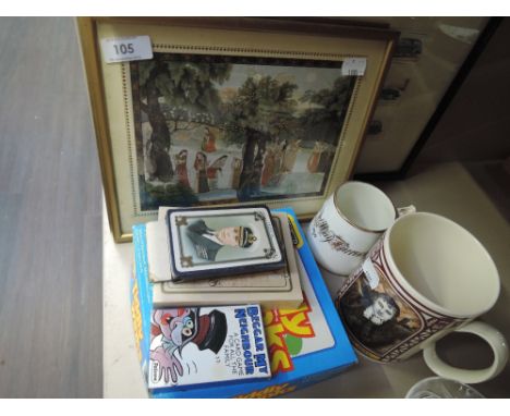 A miscellaneous lot including framed cigarette cards, playing cards and mugs etc