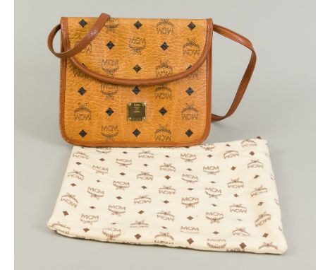   MCM, kleine Vintage Crossbody Bag, cognacfarbenes (Kunst?)Leder mit Heritage Muster   Logoprint in Schwarz, goldfarbene Har