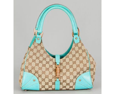   Gucci, Shoulder Bag, sandfarbenes Leinen mit eingewebtem Logo und Details aus türkisgrünem   Leder, bronzefarbene Hardware,