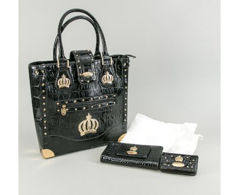   Pompöös by Harald Glööckler, Tote Bag, schwarzes Lackleder mit Kroko-Prägung, goldfarbene   Hardware, partiell mit Zierstei