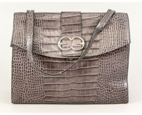   Escada, Business Shoulder Bag, graublaues Leder mit Kroko-Prägung, silberfarbene Hardware,   kurzer Schulterriemen, frontal