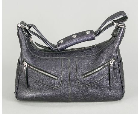   Tod's, Small Shoulder Bag, schwarzes genarbtes Leder, silberfarbene Hardware, kurzer   Schulterriemen, frontal zwei kleine 