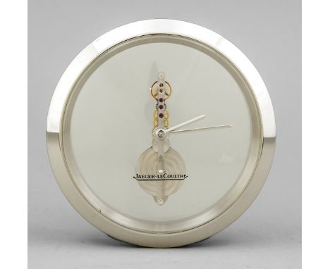   Jaeger leCoultre Tischuhr rund verchromtes Gehäuse mit Stabwerk, verchromte Zeiger, um   1980, Uhrwerk läuft genau, Durchme