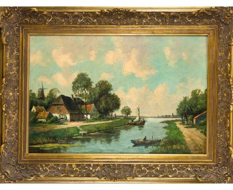   Unidentifizierter, wohl holländischer Maler Ende 19. Jh., Kanallandschaft mit Fischern, Öl   auf Lwd., u. re. undeutlich si