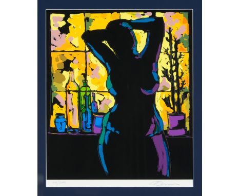   Unidentifizierter Grafiker 2. H. 20. Jh., Silhouette einer Frau vor beleuchtetem Fenster,   Farbserigraphie auf Papier, u. 