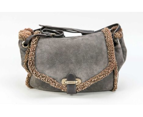  Bally, Vintage Hobo Satchel Bag, weiches graues Wildleder mit Lammfell-Futter, goldfarbene   Hardware, doppelter Schulterri
